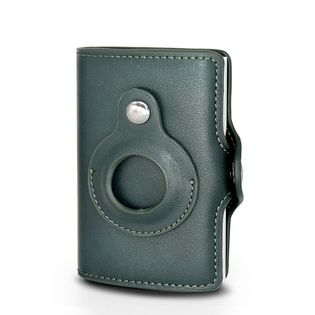 a green leather flask with a button on it