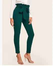 Elegant Frill Trim Bow Belted Detail Solid High Waist Pants - GLR SHOPPING