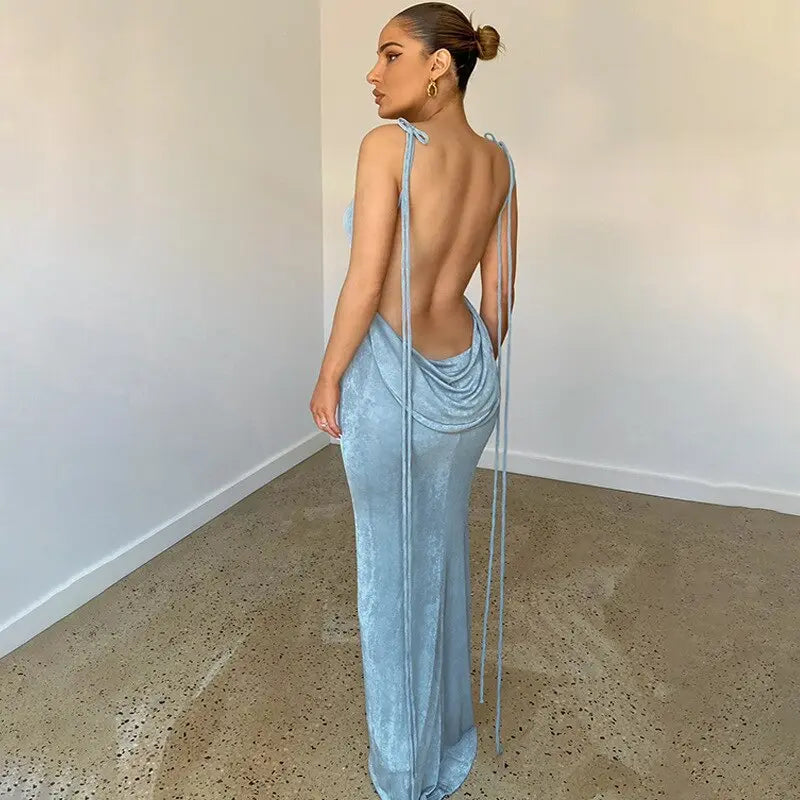 Open Back Slim Cami Strap Long Dresses - GLR SHOPPING