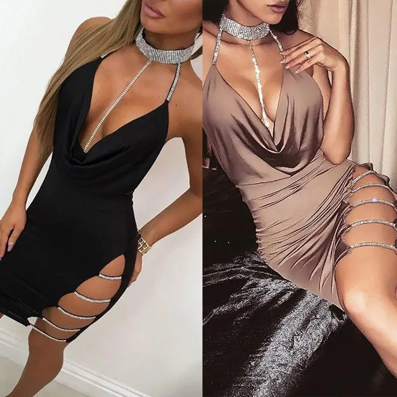 a woman in a black dress and a woman in a brown dress