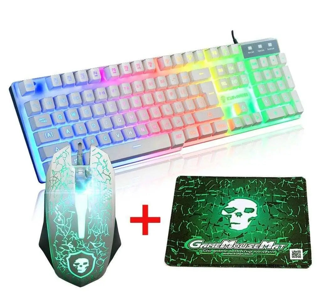 LED Rainbow Backlight USB Ergonomic Wired Gaming Keyboard + 2400DPI Mouse + Mouse Pad Set Kit for PC Laptop Computer Gamer - GLR SHOPPING