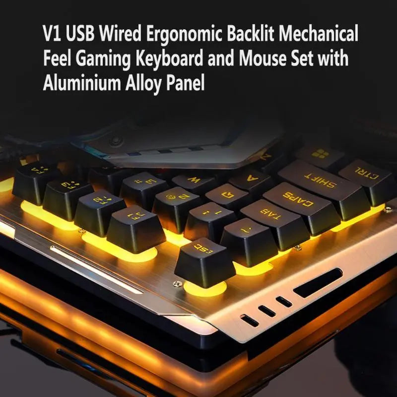 USB Wired Metal Ergonomic Backlight Mechanical Feel Gaming Keyboard Mouse Set with Aluminium Alloy Panel - GLR SHOPPING