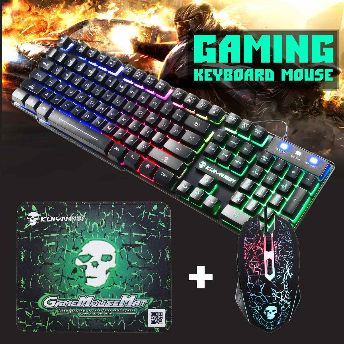 LED Rainbow Backlight USB Ergonomic Wired Gaming Keyboard + 2400DPI Mouse + Mouse Pad Set Kit for PC Laptop Computer Gamer - GLR SHOPPING