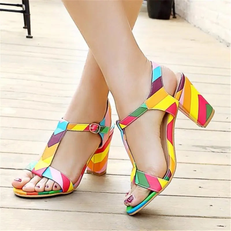 Summer Leather Square High Heels - GLR SHOPPING