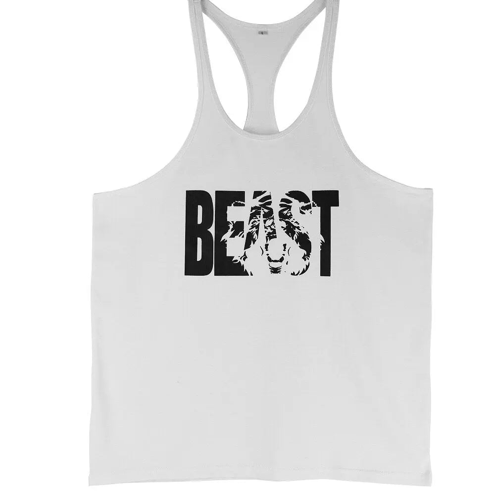 Men's Gym Workout Printed "BEAST" Tank Tops  Y Back Fitness Thin Shoulder Strap Muscle Fit Stringer Bodybuilding Extreme Tee - GLR SHOPPING