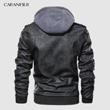 CARANFIER Mens PU Hooded Jackets Coats Motorcycle Biker Faux Leather Jacket Men Classic Winter Jackets Clothes  European Size