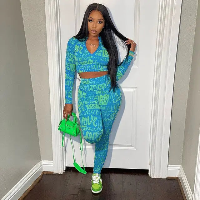 Letter Print Tracksuit Two Piece Set - GLR SHOPPING