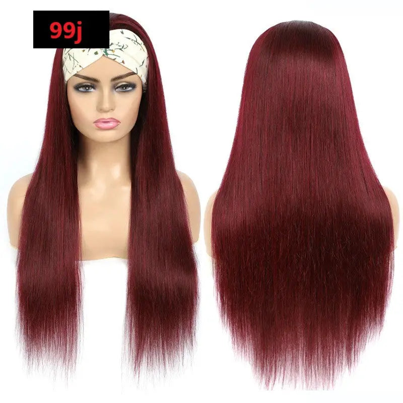 Burgundy Headband Straight Human Hair Wig #99J  Scarf Wig No GLUE Easy - GLR SHOPPING
