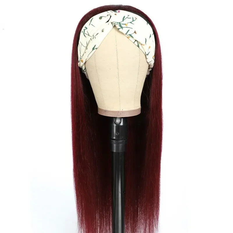 Burgundy Headband Straight Human Hair Wig #99J  Scarf Wig No GLUE Easy - GLR SHOPPING
