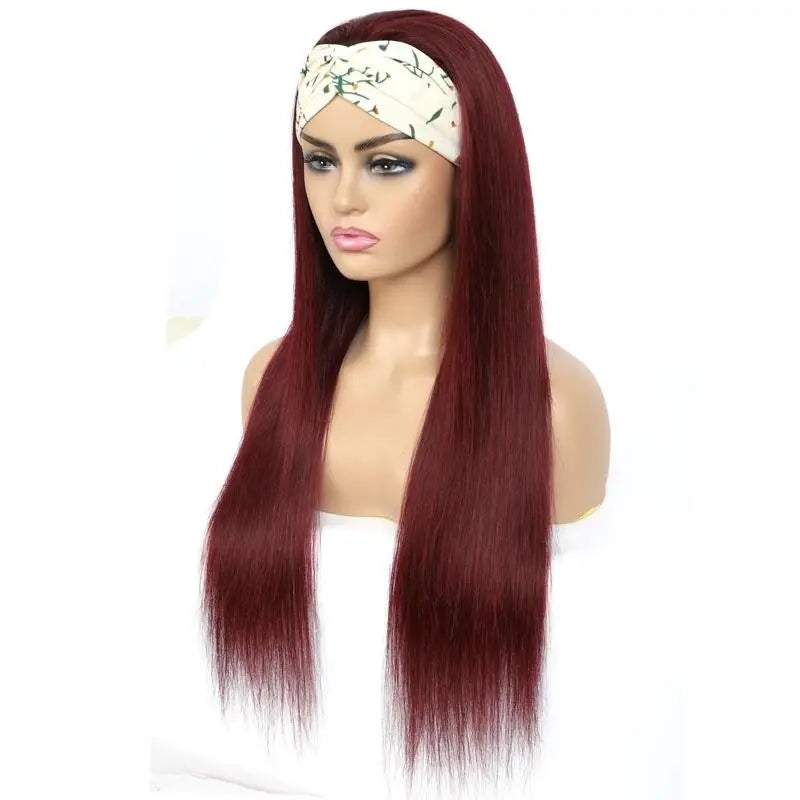 Burgundy Headband Straight Human Hair Wig #99J  Scarf Wig No GLUE Easy - GLR SHOPPING