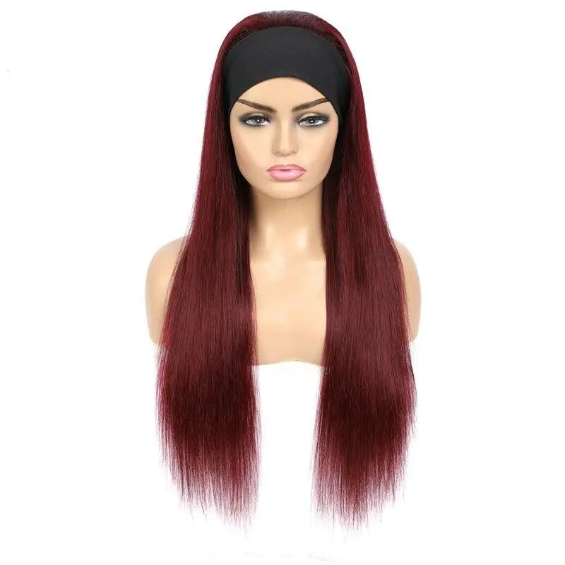 Burgundy Headband Straight Human Hair Wig #99J  Scarf Wig No GLUE Easy - GLR SHOPPING