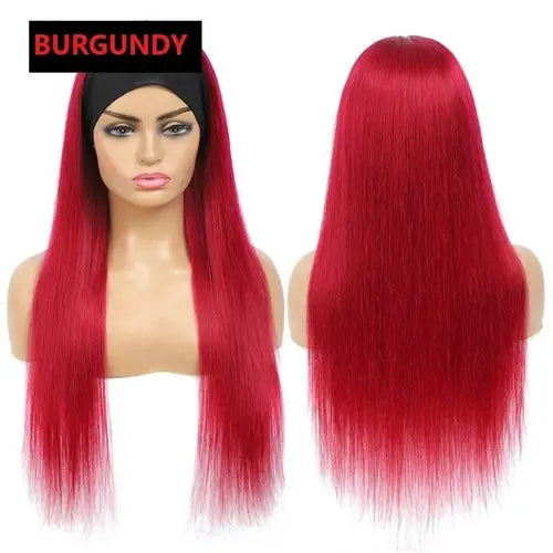 Burgundy Headband Straight Human Hair Wig #99J  Scarf Wig No GLUE Easy - GLR SHOPPING