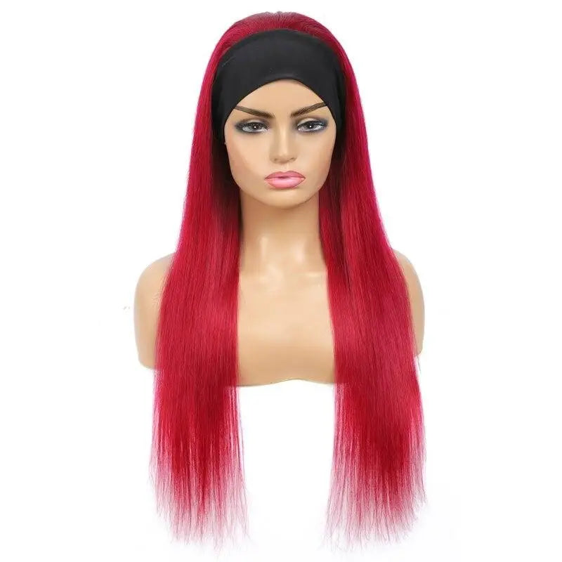 Burgundy Headband Straight Human Hair Wig #99J  Scarf Wig No GLUE Easy - GLR SHOPPING