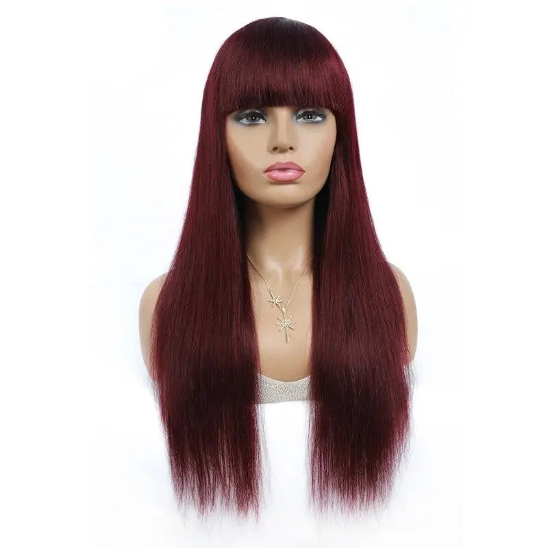 #1B/99J Brazilian Straight Human Hair Wigs with Bangs #99J No Glue Wig - GLR SHOPPING