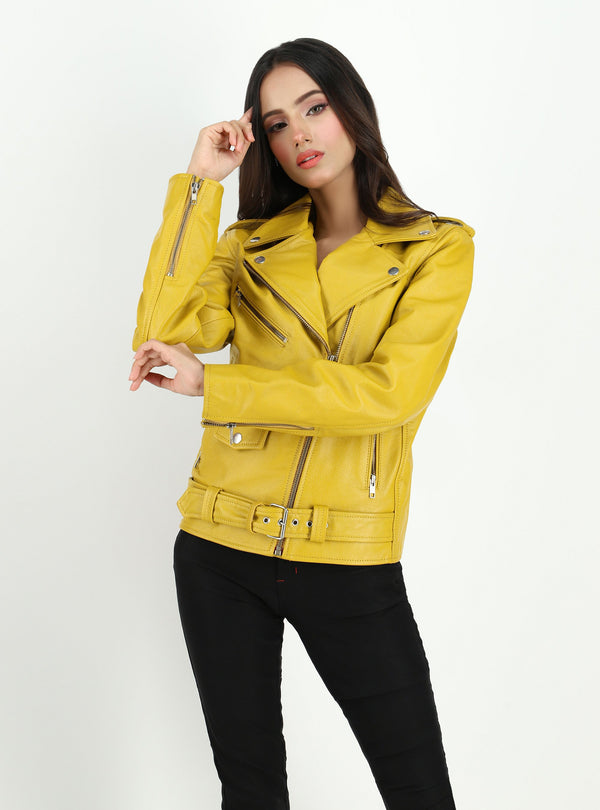 Women's  Moto Style Cowhide Yellow Leather Jacket