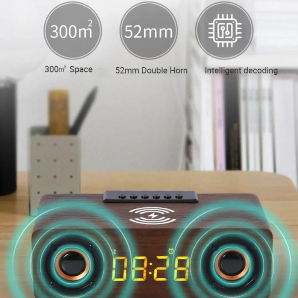 Wooden Retro Theme Wireless Charger Bluetooth Speaker Alarm Clock - GLR SHOPPING