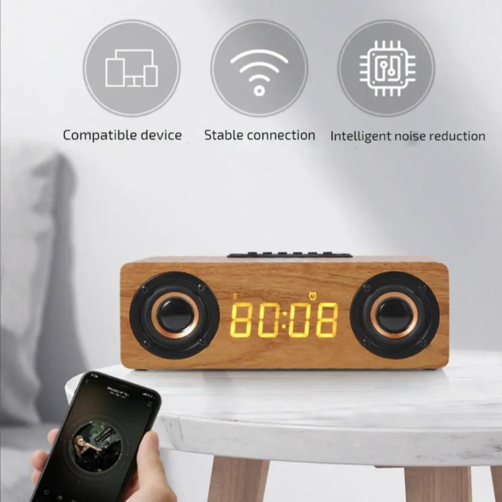 Wooden Retro Theme Wireless Charger Bluetooth Speaker Alarm Clock - GLR SHOPPING