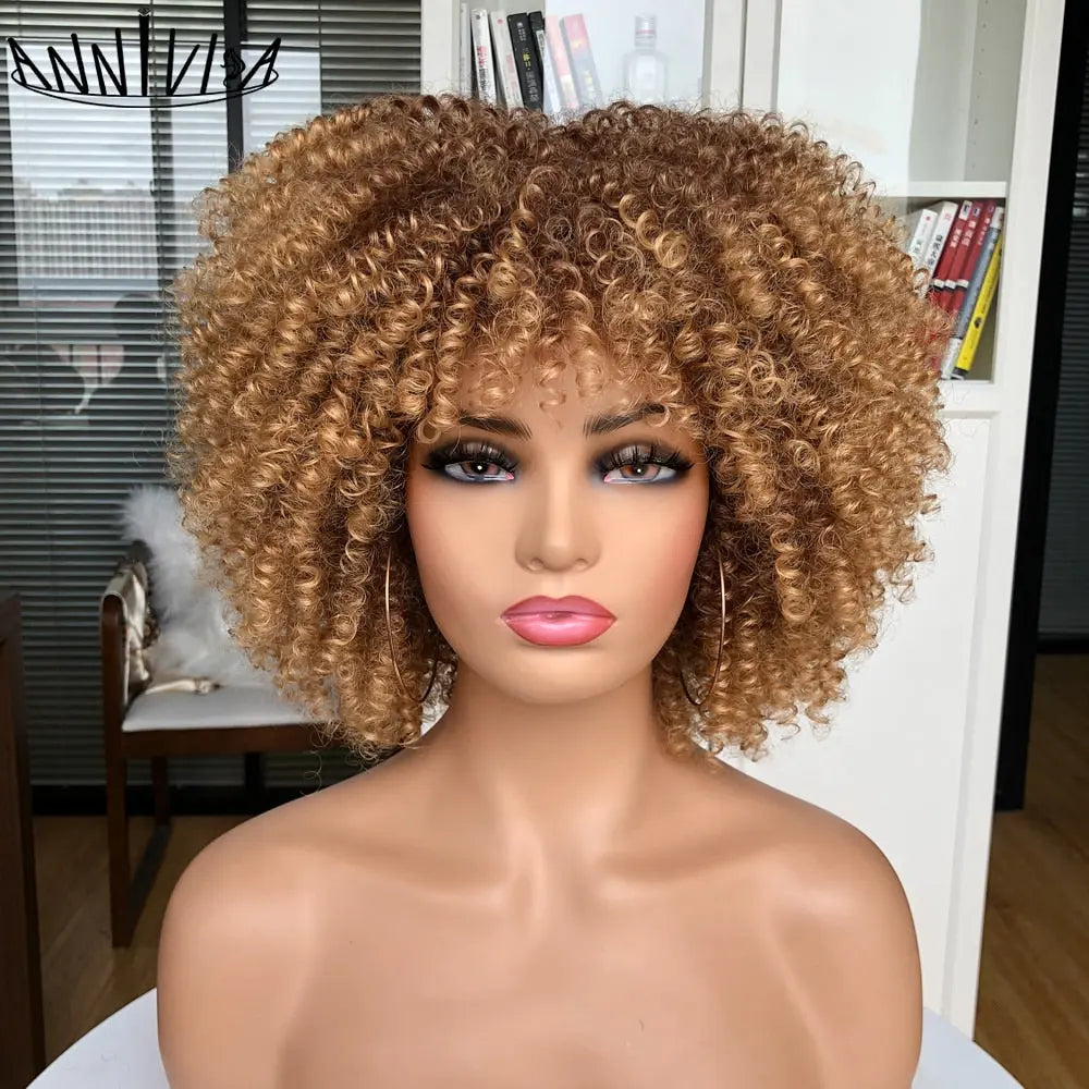 OH Fashion Women Short Afro Red Ombre Curly Hair Wig with Bangs, 10 - GLR SHOPPING
