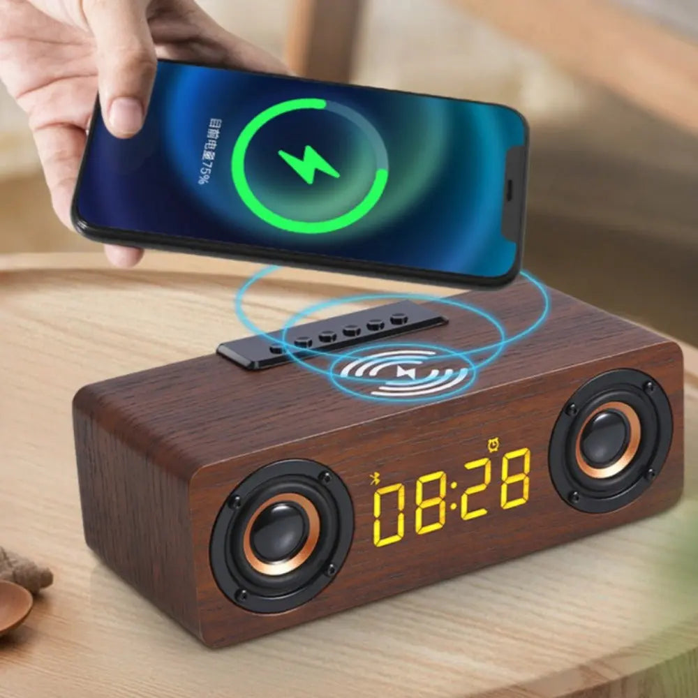 Wooden Retro Theme Wireless Charger Bluetooth Speaker Alarm Clock - GLR SHOPPING