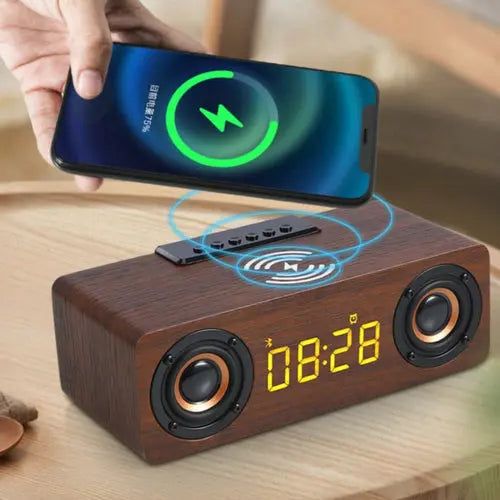 Wooden Retro Theme Wireless Charger Bluetooth Speaker Alarm Clock - GLR SHOPPING