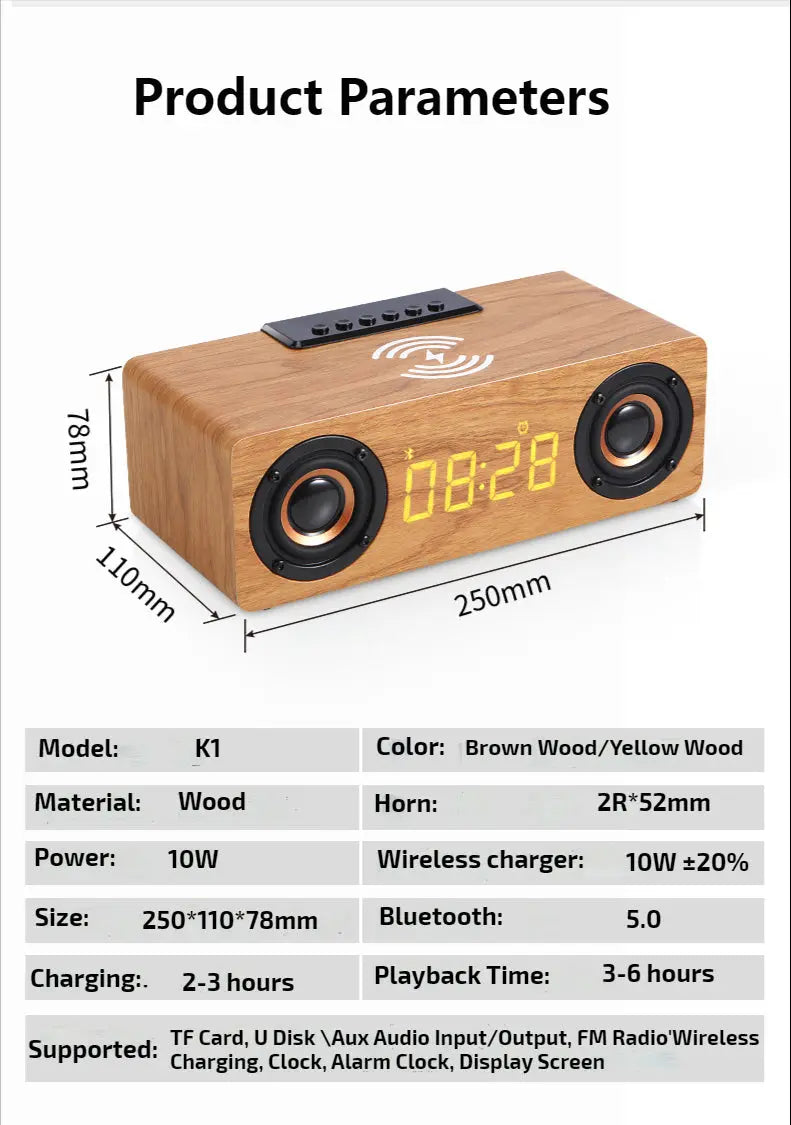 Wooden Retro Theme Wireless Charger Bluetooth Speaker Alarm Clock - GLR SHOPPING