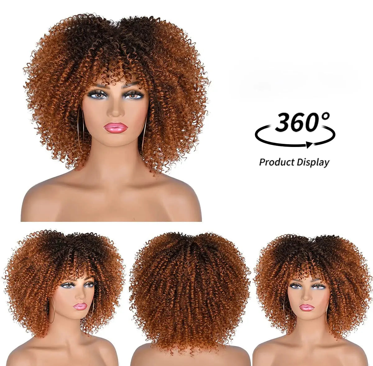 OH Fashion Women Short Afro Red Ombre Curly Hair Wig with Bangs, 10 - GLR SHOPPING