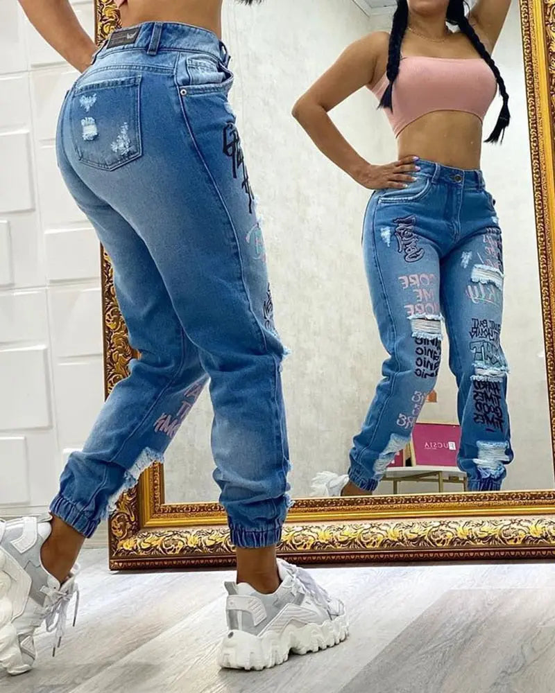 Letter Print Slant Pocket Ripped Jeans Women Casual Denim Pants - GLR SHOPPING