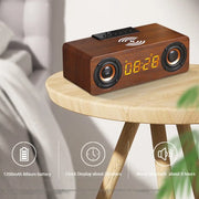 Wooden Retro Theme Wireless Charger Bluetooth Speaker Alarm Clock - GLR SHOPPING