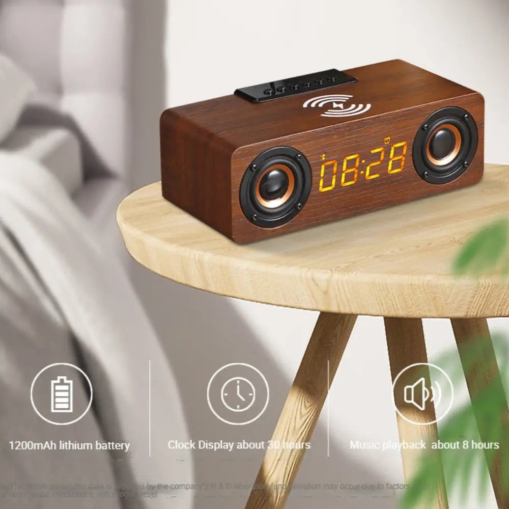Wooden Retro Theme Wireless Charger Bluetooth Speaker Alarm Clock - GLR SHOPPING