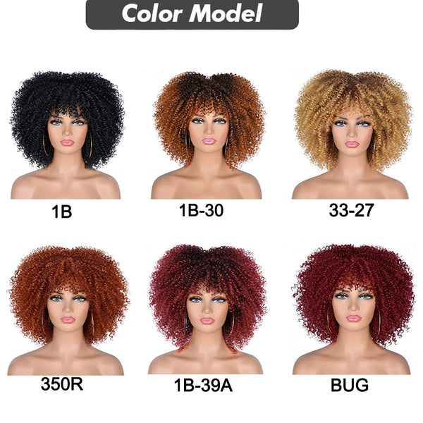 OH Fashion Women Short Afro Red Ombre Curly Hair Wig with Bangs, 10