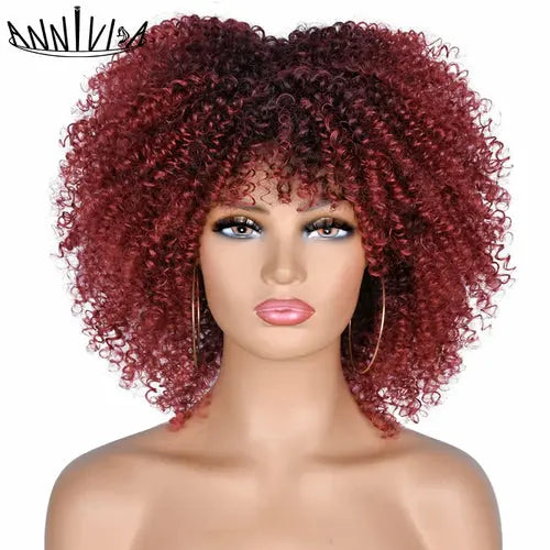 OH Fashion Women Short Afro Red Ombre Curly Hair Wig with Bangs, 10 - GLR SHOPPING