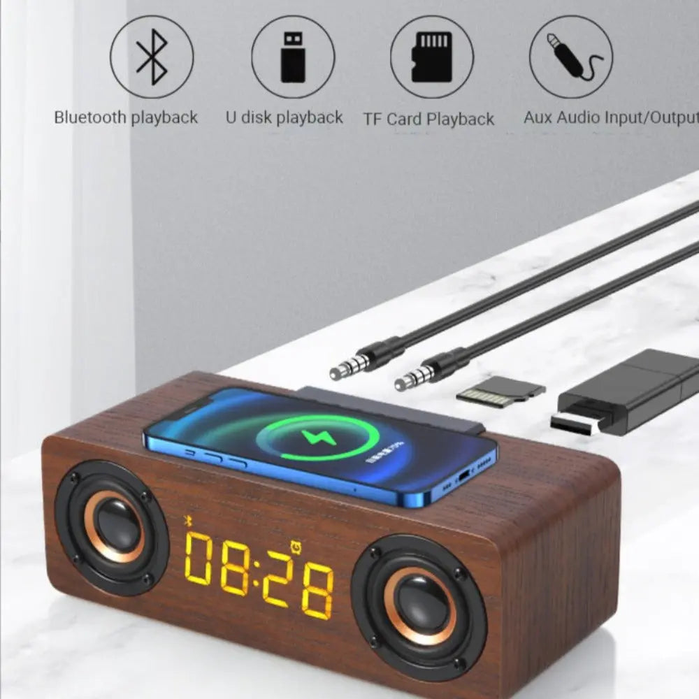 Wooden Retro Theme Wireless Charger Bluetooth Speaker Alarm Clock - GLR SHOPPING