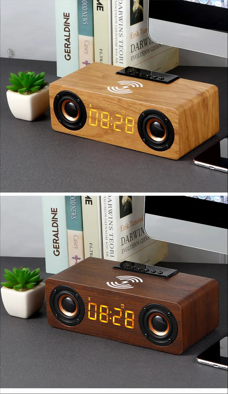 Wooden Retro Theme Wireless Charger Bluetooth Speaker Alarm Clock - GLR SHOPPING