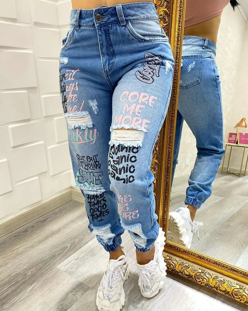 Letter Print Slant Pocket Ripped Jeans Women Casual Denim Pants - GLR SHOPPING