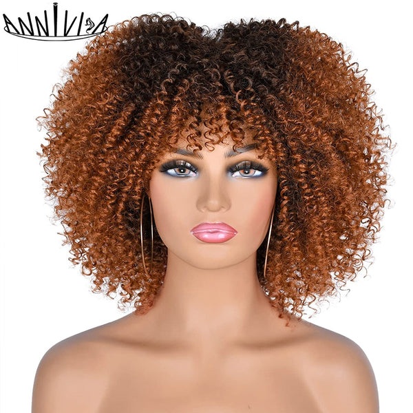 OH Fashion Women Short Afro Red Ombre Curly Hair Wig with Bangs, 10