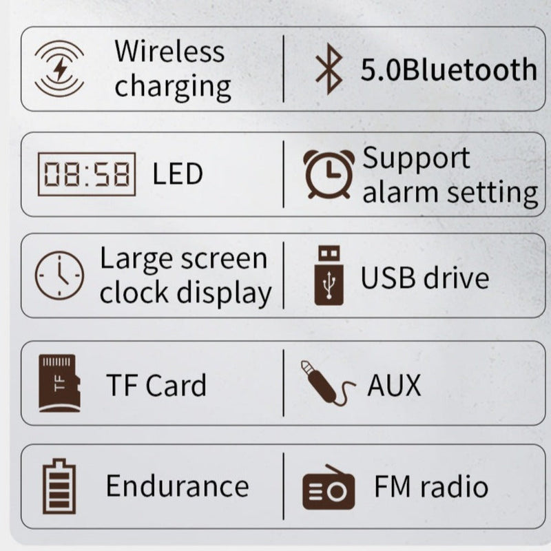 Wooden Retro Theme Wireless Charger Bluetooth Speaker Alarm Clock