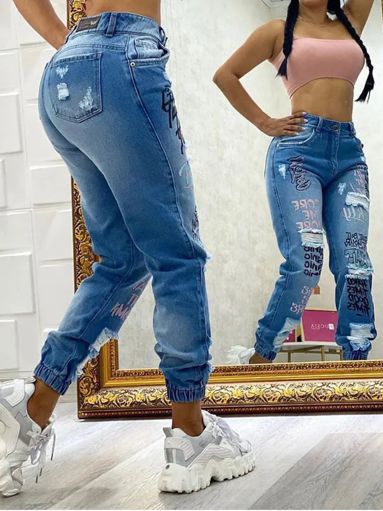 Letter Print Slant Pocket Ripped Jeans Women Casual Denim Pants - GLR SHOPPING