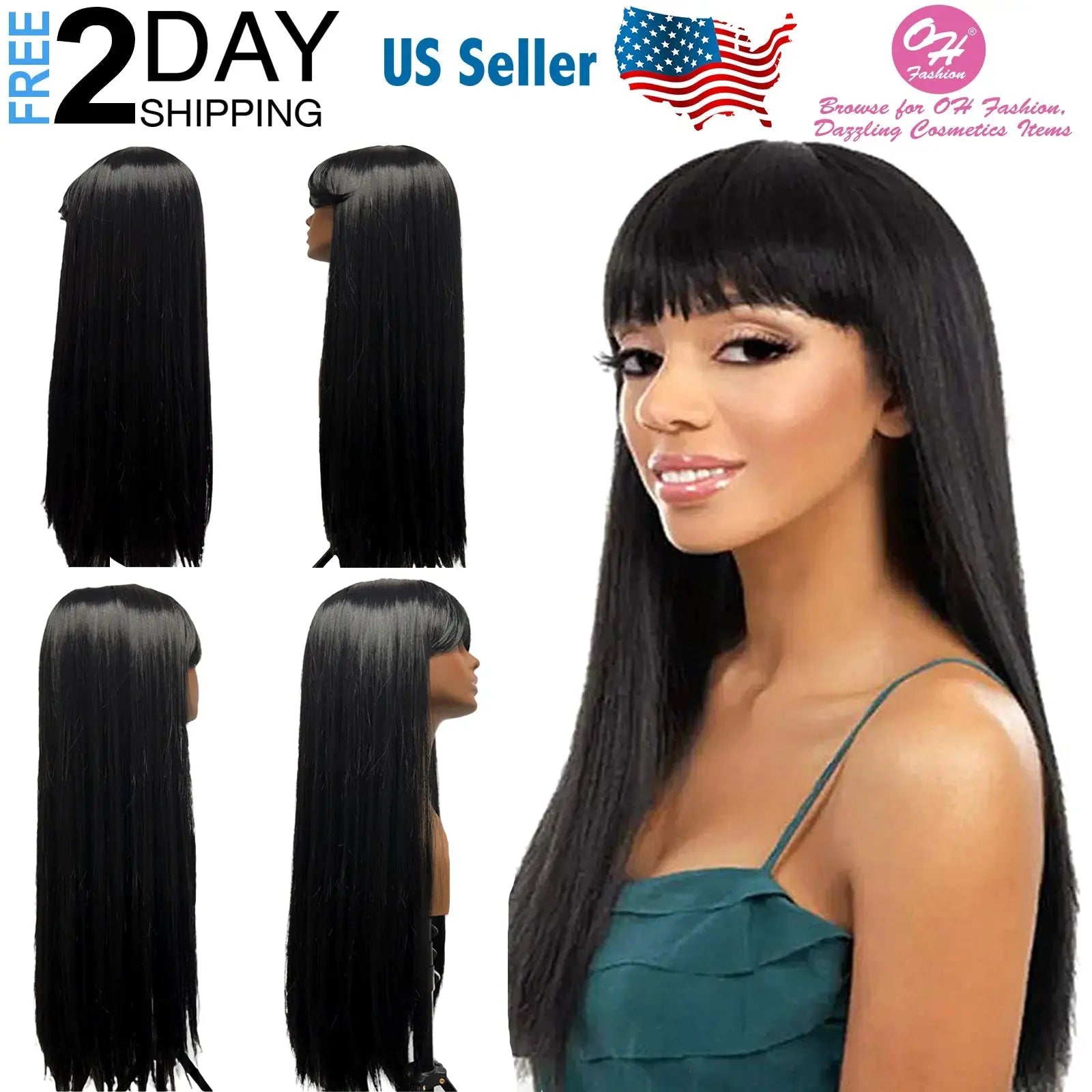 OH Fashion Women Long Straight Black Wig with Bangs, 27 Inches - GLR SHOPPING