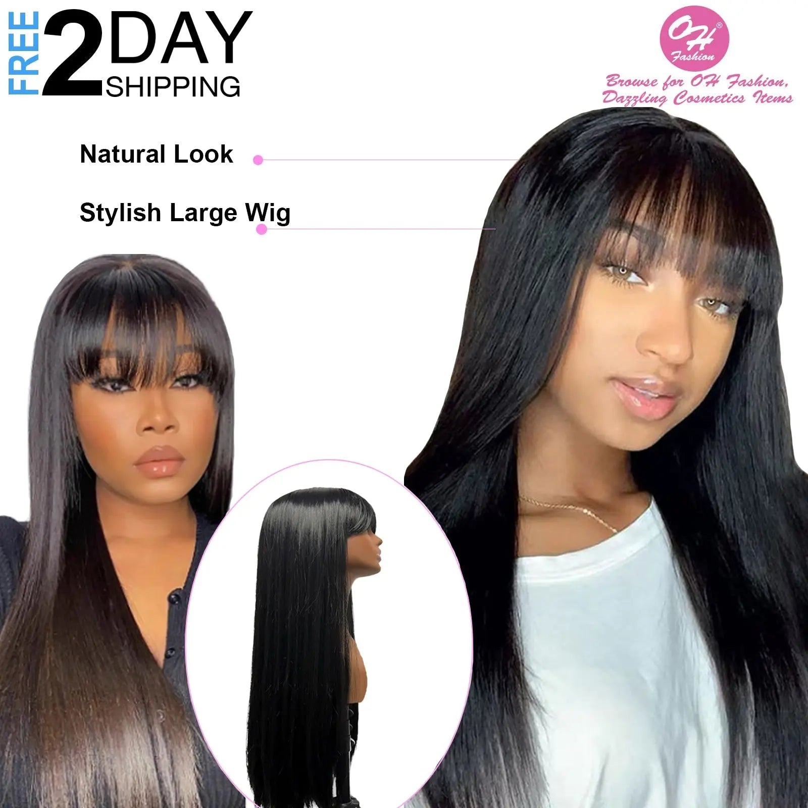 OH Fashion Women Long Straight Black Wig with Bangs, 27 Inches - GLR SHOPPING