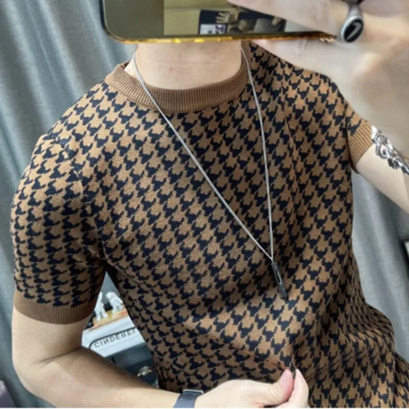 2023 Spring Short Sleeve Sweater T-shirt Men Plaid Knitted Thickened - GLR SHOPPING