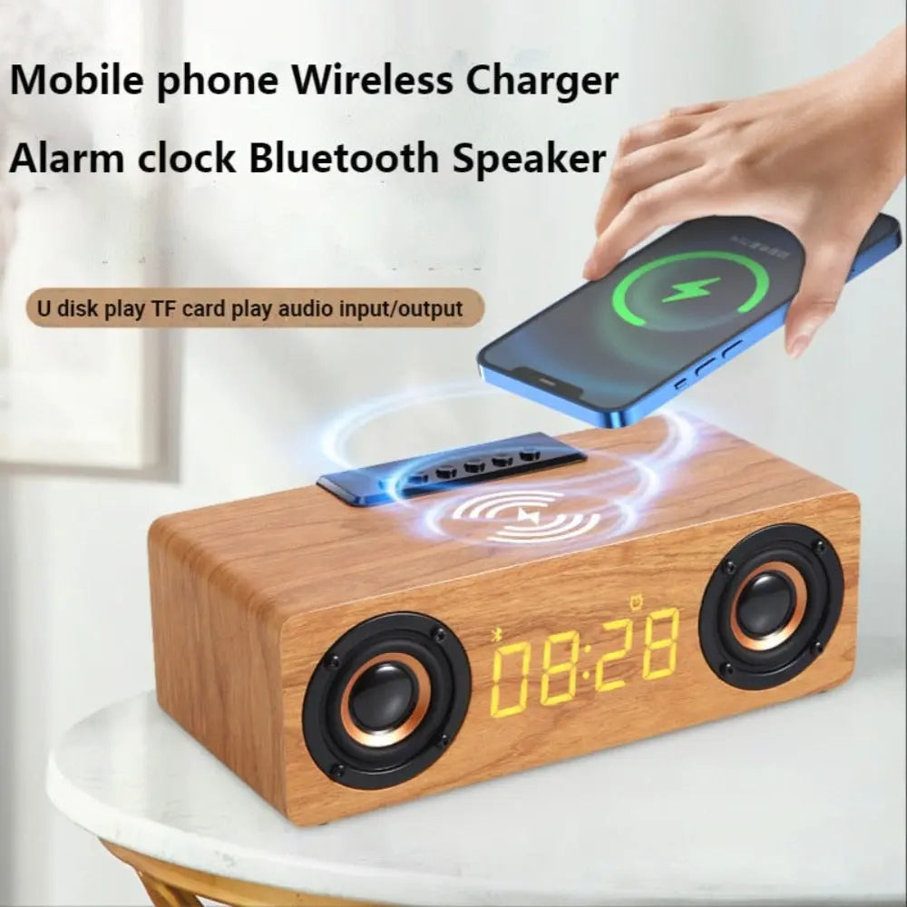 Wooden Retro Theme Wireless Charger Bluetooth Speaker Alarm Clock - GLR SHOPPING