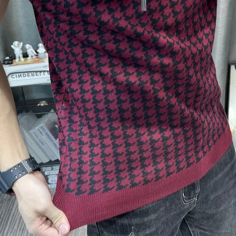 2023 Spring Short Sleeve Sweater T-shirt Men Plaid Knitted Thickened - GLR SHOPPING