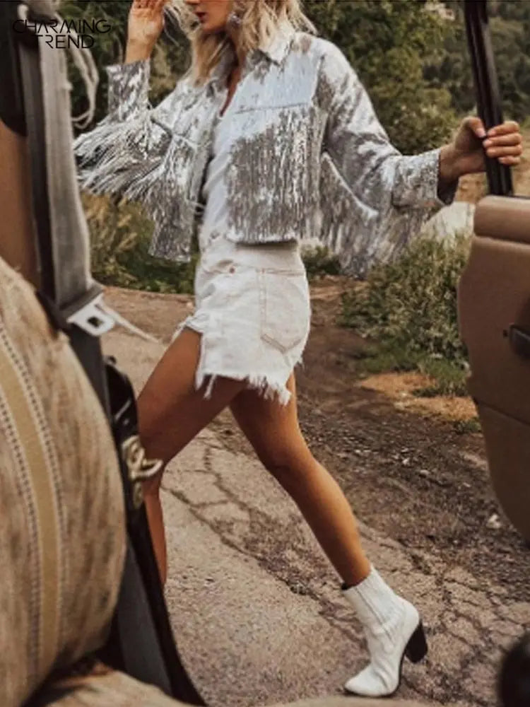 Women Tassel Sequin Jacket 2022 Autumn Winter Streewear Rock BF Retro - GLR SHOPPING