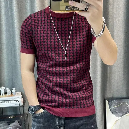 2023 Spring Short Sleeve Sweater T-shirt Men Plaid Knitted Thickened - GLR SHOPPING