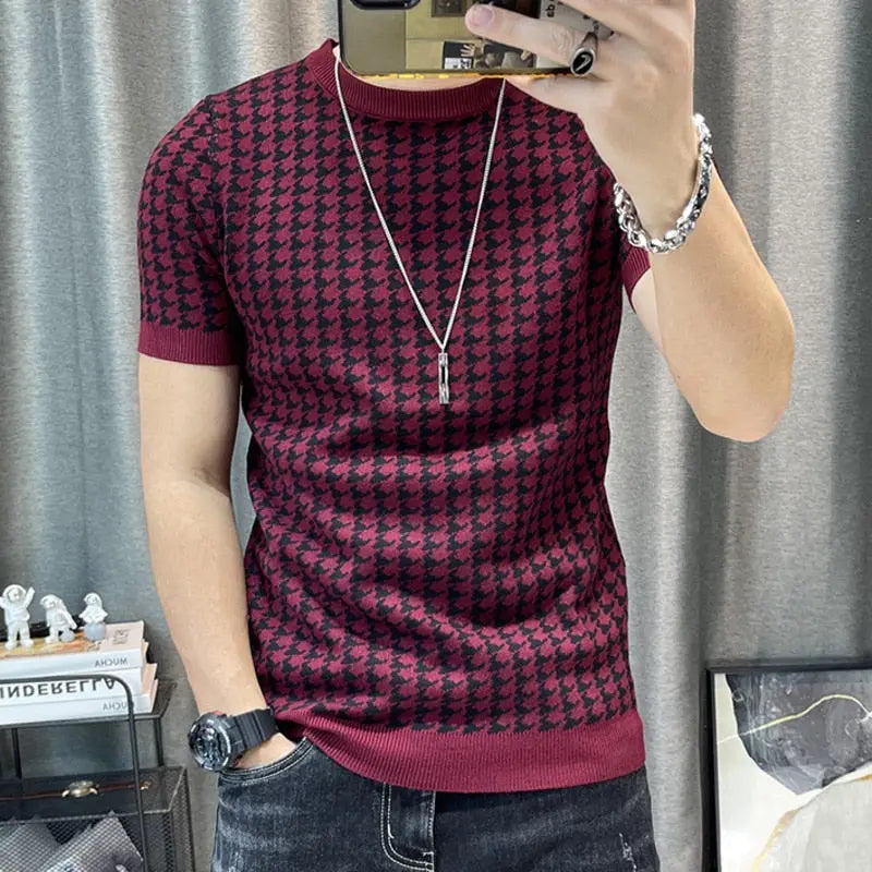2023 Spring Short Sleeve Sweater T-shirt Men Plaid Knitted Thickened - GLR SHOPPING