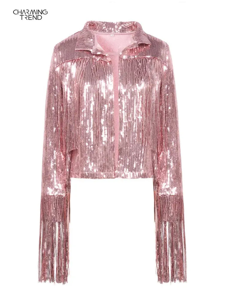 Women Tassel Sequin Jacket 2022 Autumn Winter Streewear Rock BF Retro - GLR SHOPPING