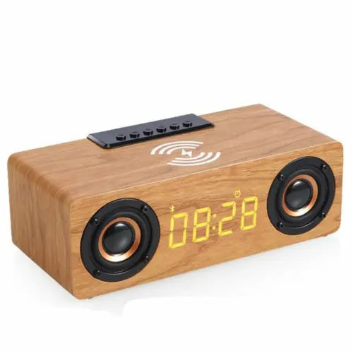 Wooden Retro Theme Wireless Charger Bluetooth Speaker Alarm Clock - GLR SHOPPING