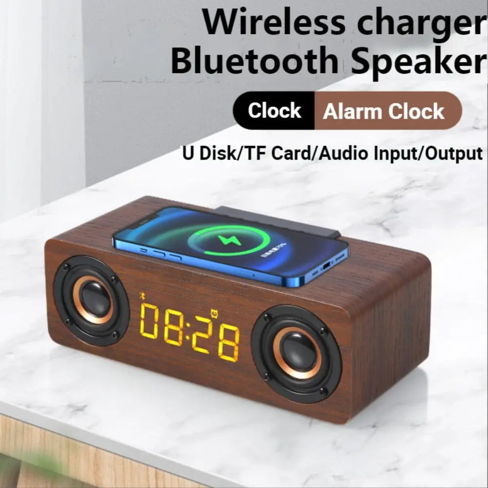 Wooden Retro Theme Wireless Charger Bluetooth Speaker Alarm Clock - GLR SHOPPING