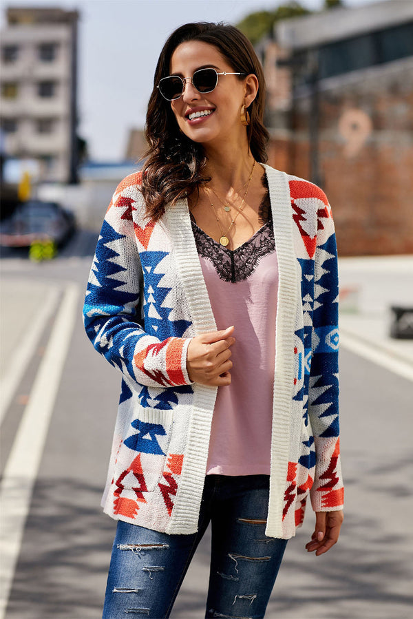 White Moraga Pocketed Aztec Winter Cardigan