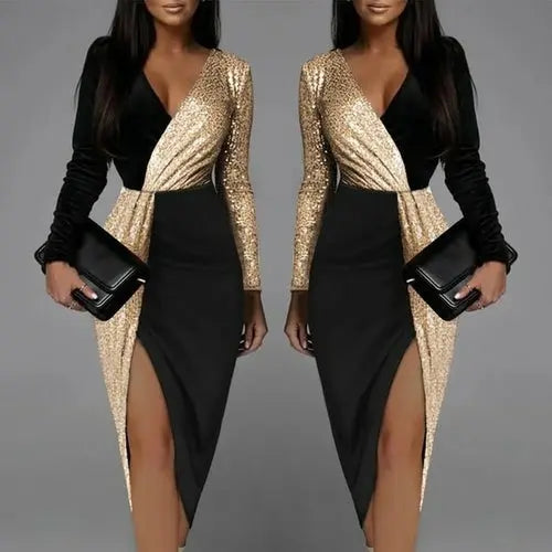 Long Sleeved Gold Black Sequin Dress | Black Dresses Party Gold - GLR SHOPPING